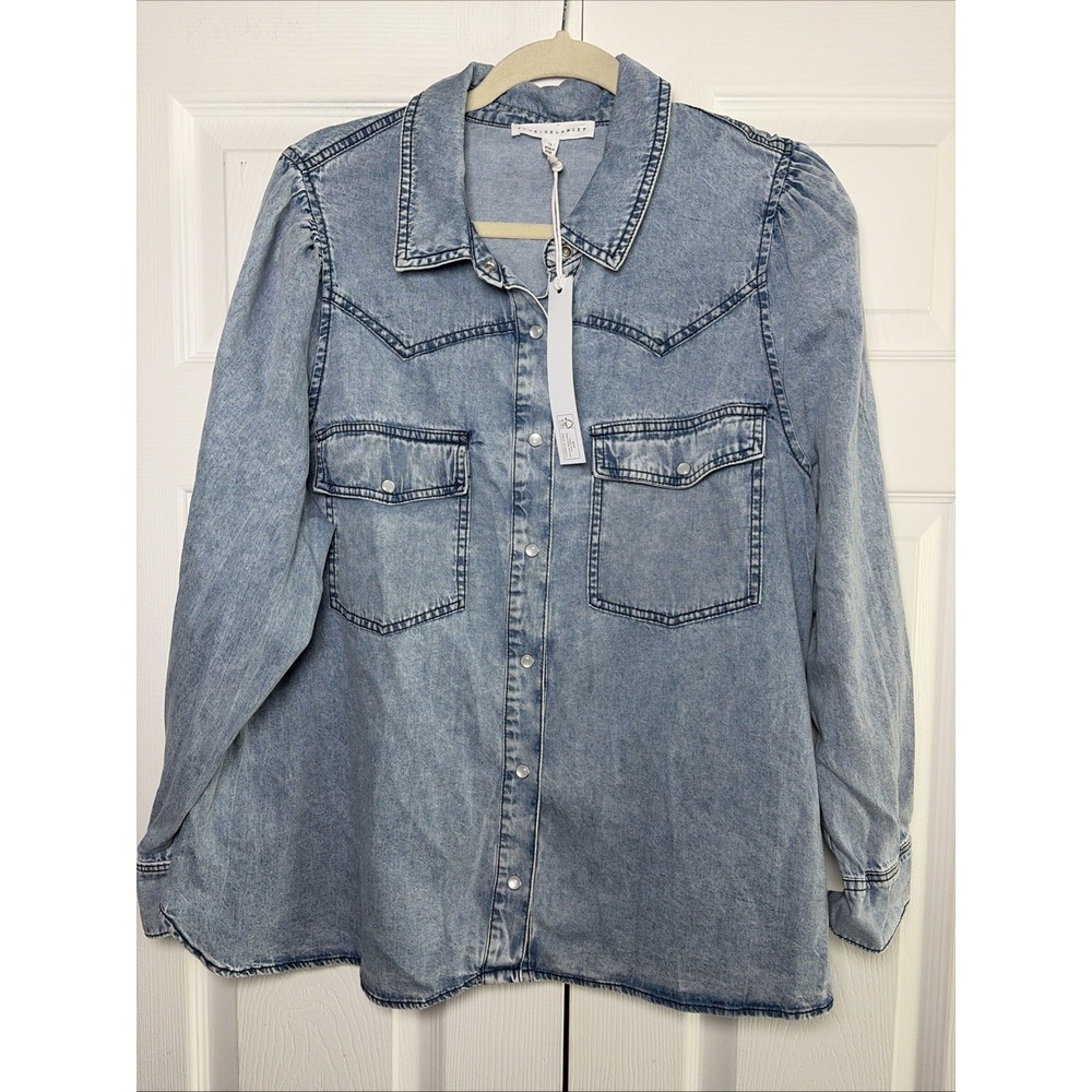 Jane Delancey Western Denim Top Size 1X Blue Acid Wash Pearl Snap Cotton Western